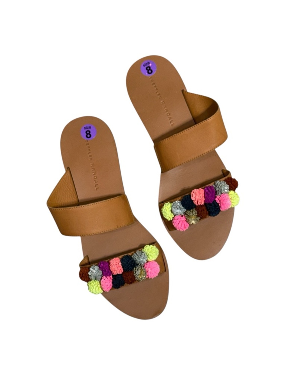 Anthro Loeffler Randall Clem Tan Leather Rainbow Pom-Pom Slide Sandals Women’s 8 - Picture 3 of 10
